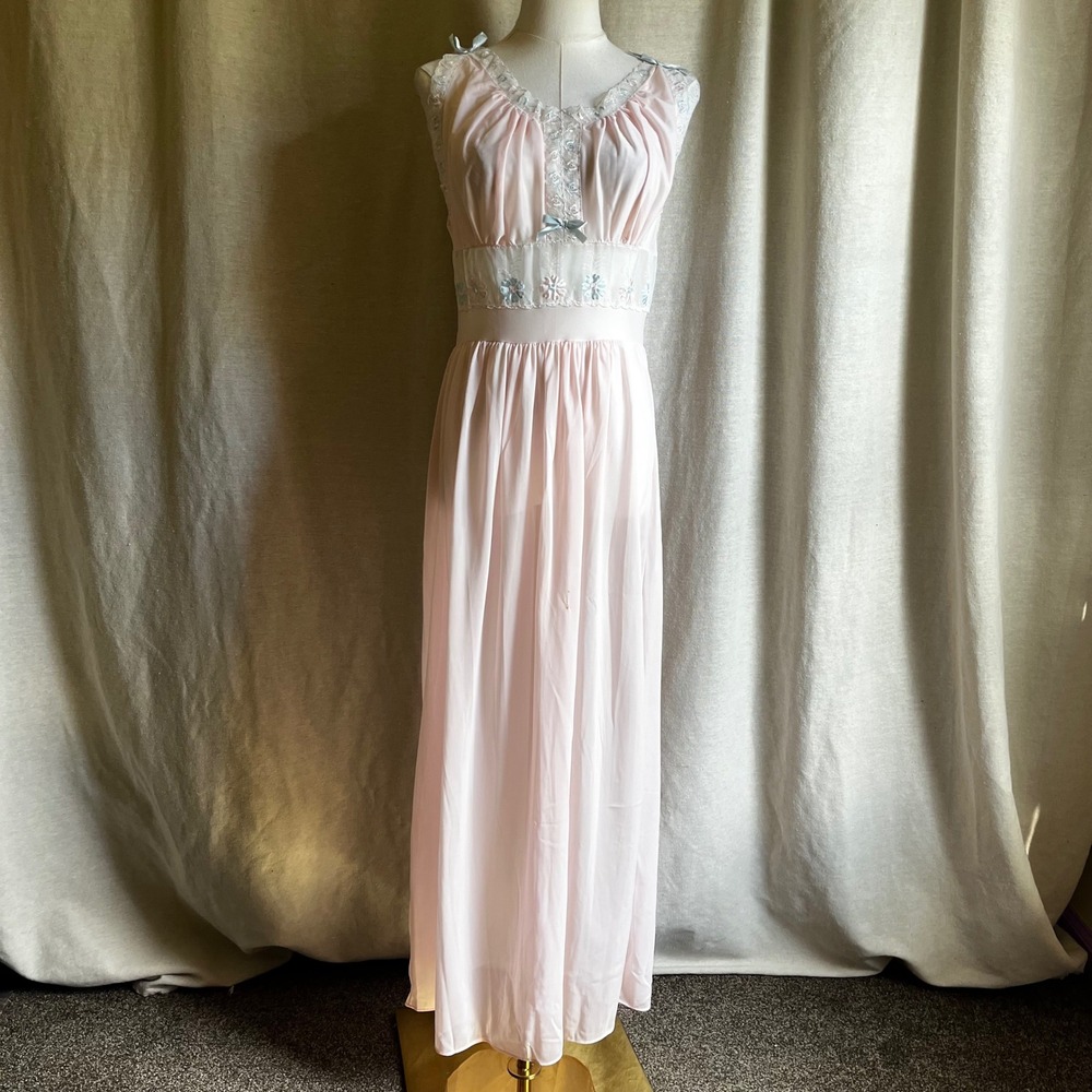 Vintage 1960s Pink Embroidered Nightgown Maxi Slip Dress Empire Waist Romantic S